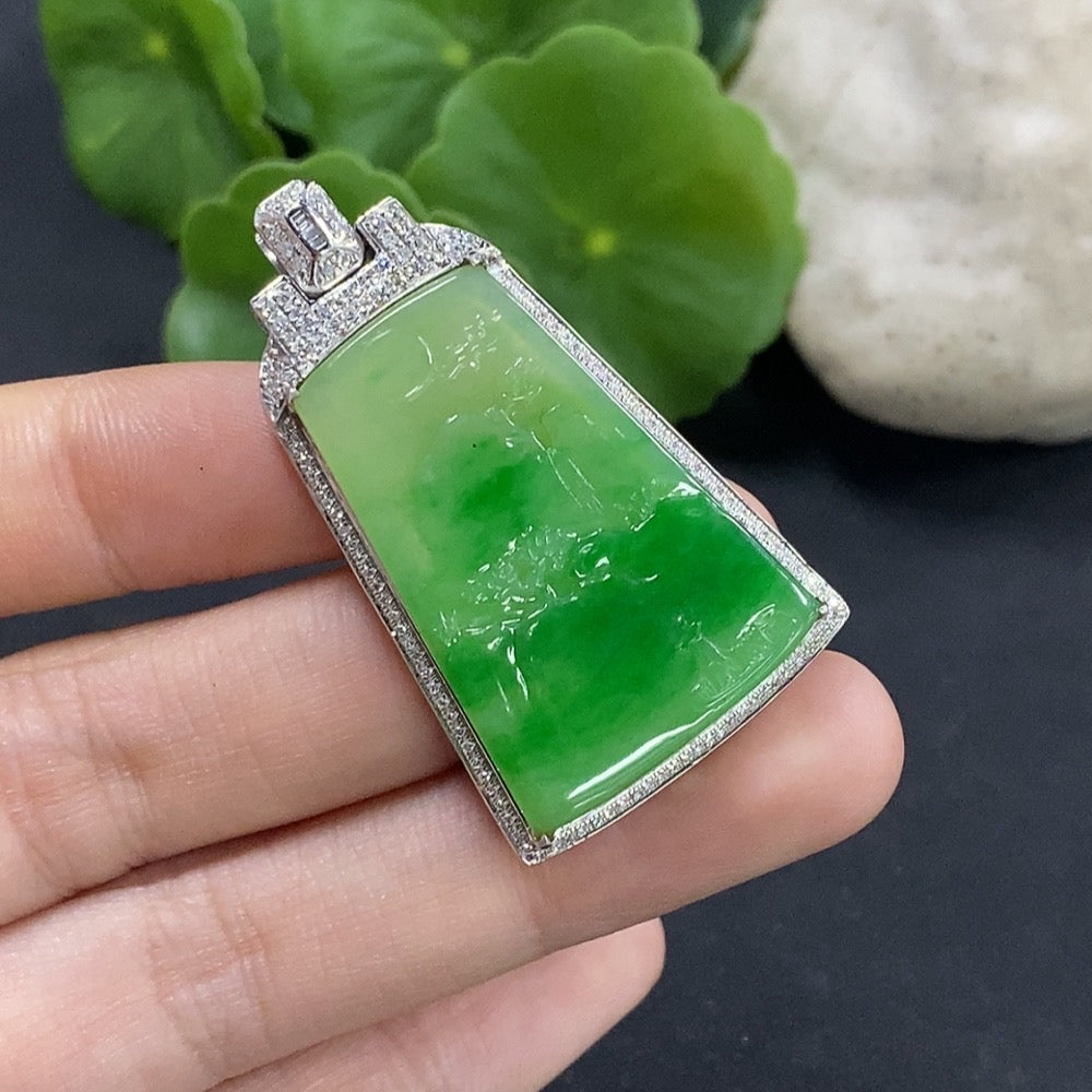 Jadeite Landscape Inlaid Pendant 18K Gold with Diamond Accents Total Weight Approx. 10.95g