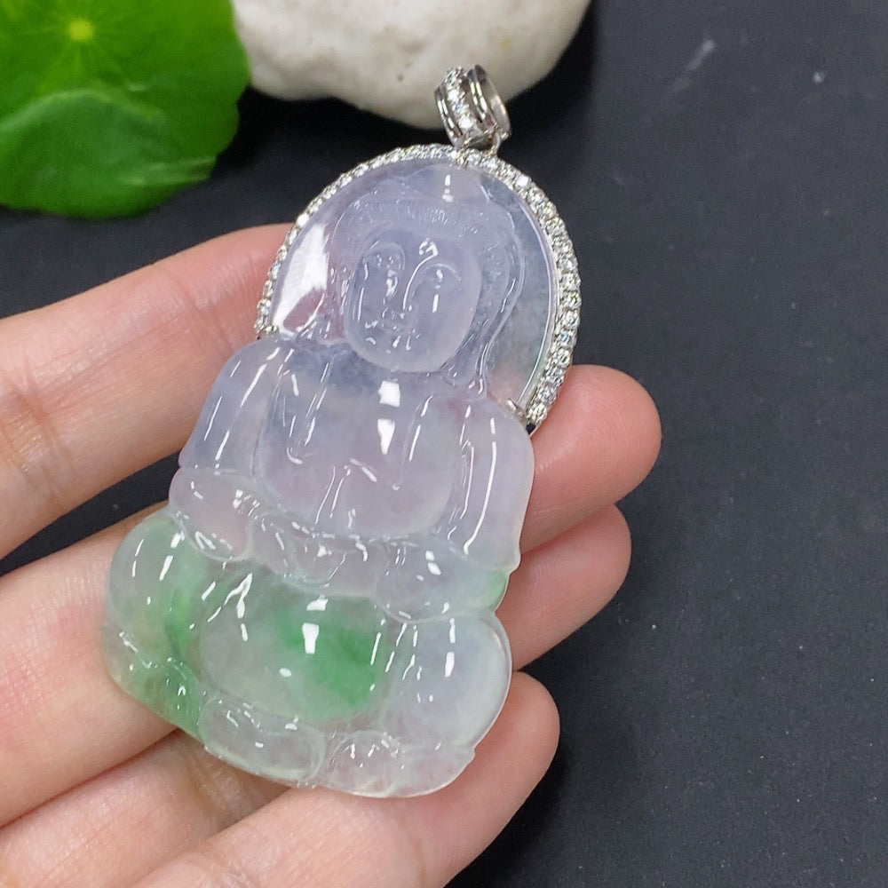 Jadeite Guanyin pendant with 18K gold, featuring mineral inlays, weighing approximately 21.1g, showcasing detailed craftsmanship.