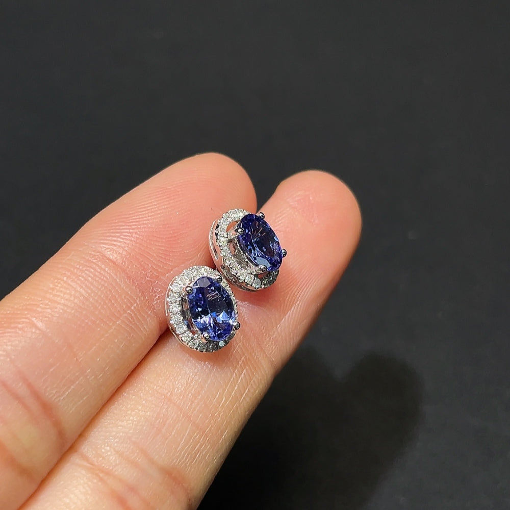 18K Gold Tanzanite Earrings with Diamond Accents, Total Weight Approx. 2.3g