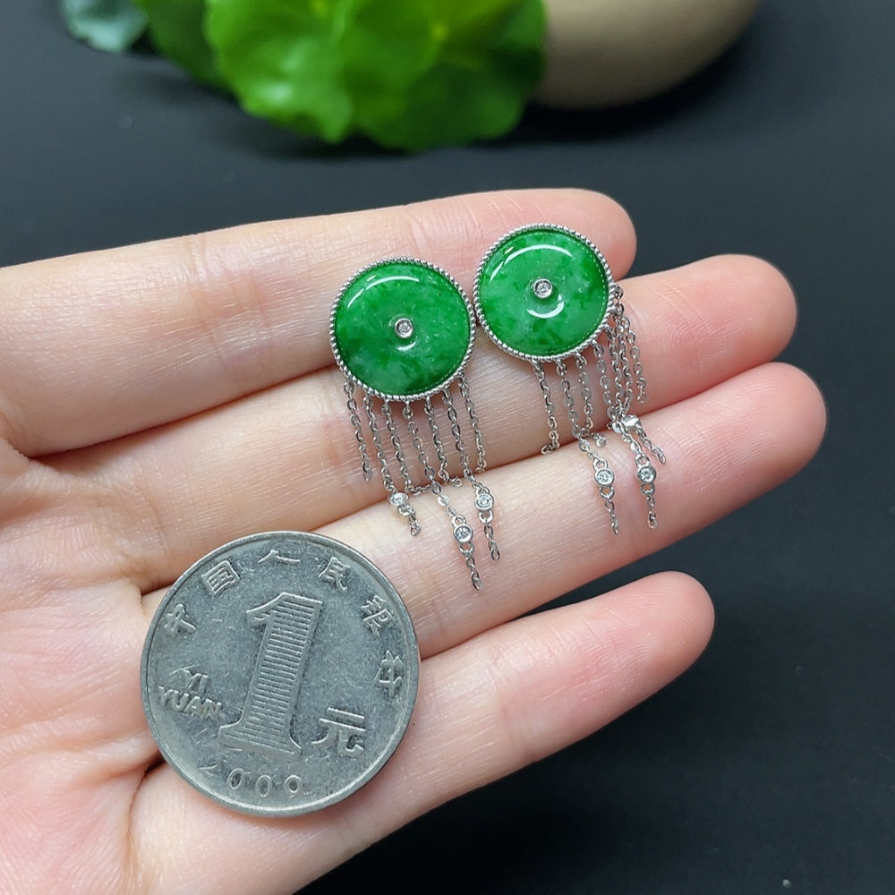 HKHQ jadeite safety buckle inlaid earrings with diamonds, 18k gold setting, showcasing intricate mineral inlay and elegant design.