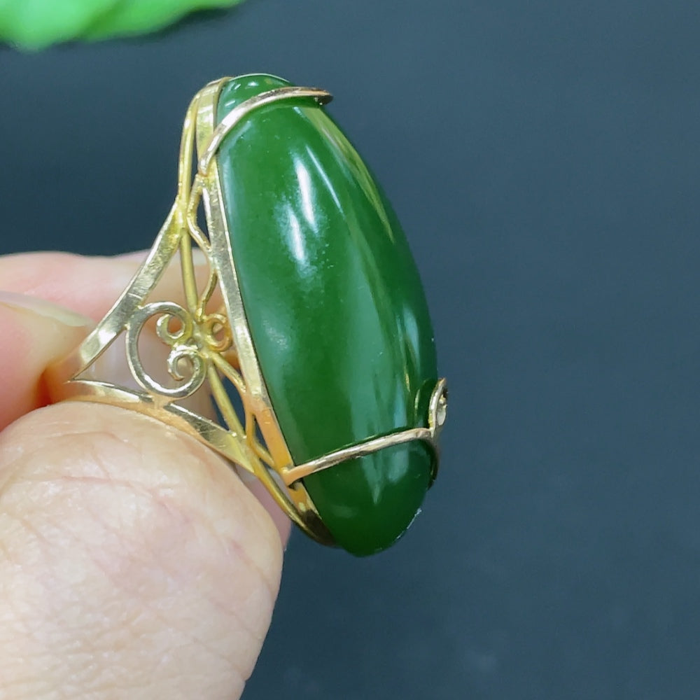 Hetian Jade Cabochon Ring with Tested 75% Gold Setting