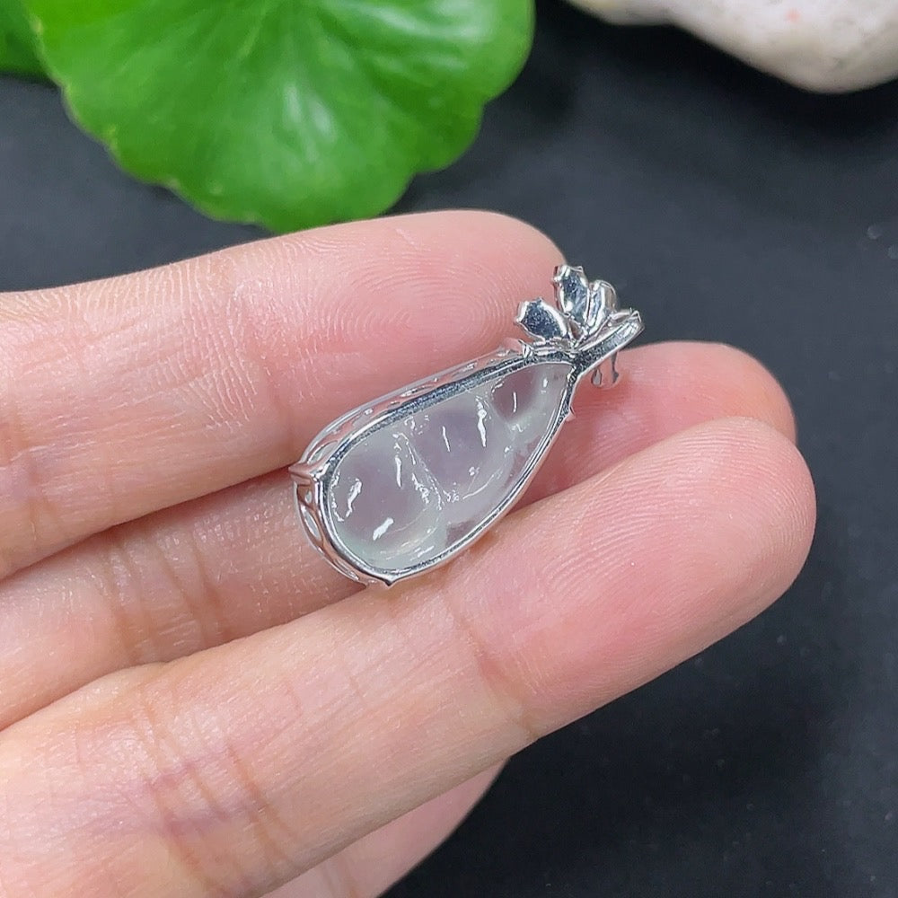 Jadeite inlaid lucky bean pendant, 18k gold with diamond accents, yellow bead color origin undetermined