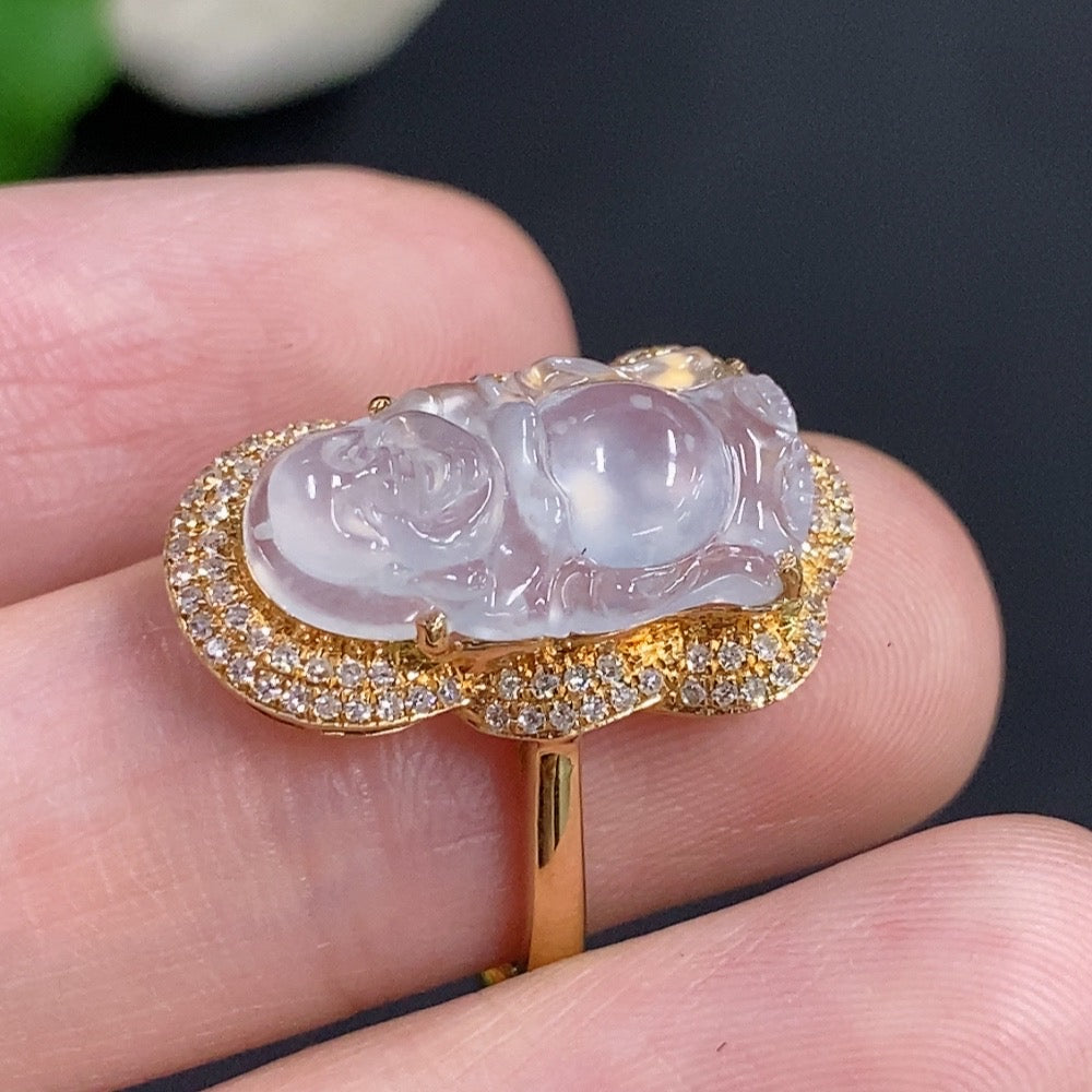 Jadeite Buddha inlay ring 18K Gold with diamonds