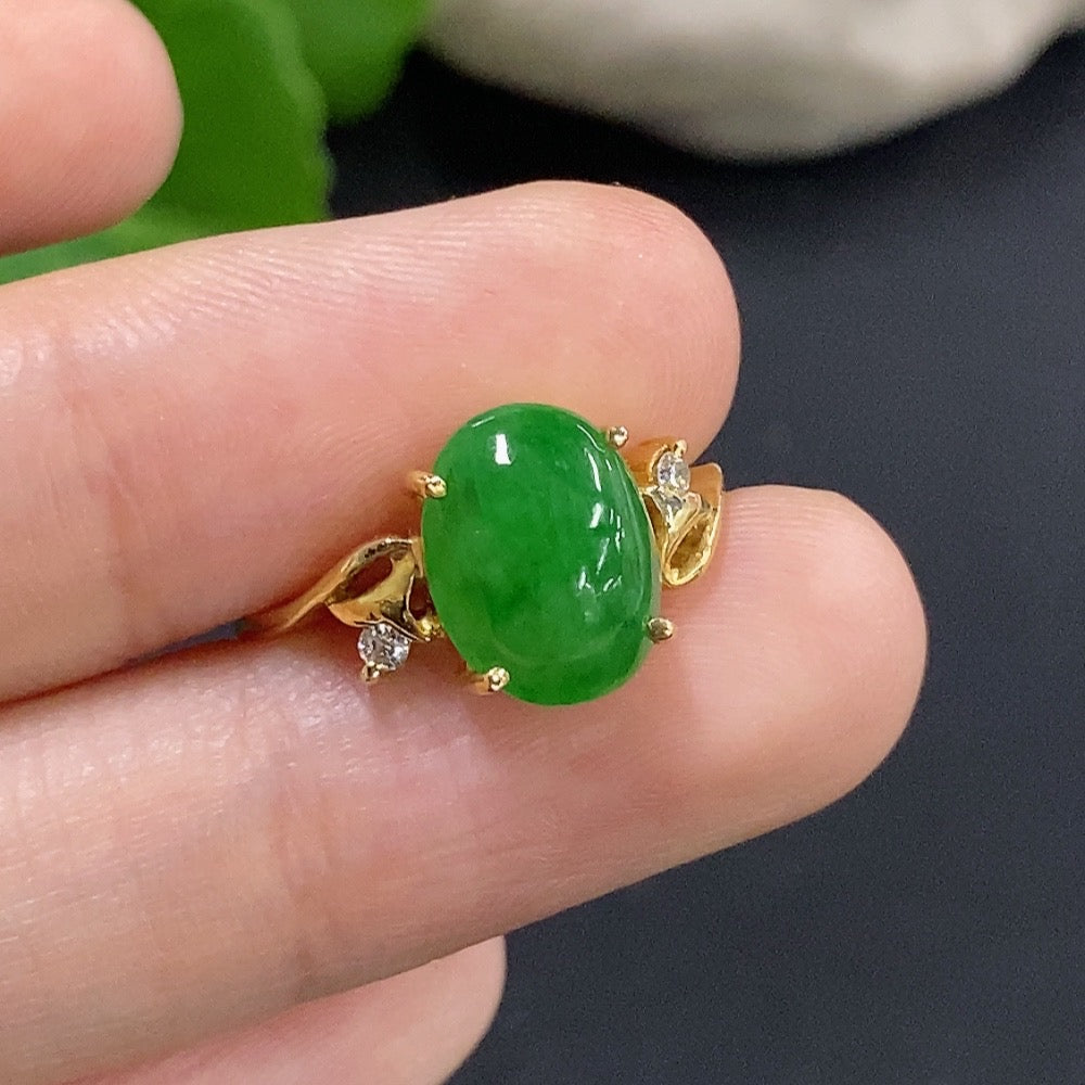Jadeite Cabochon Inlaid Ring 18K Gold with Diamond Accents Size 13 Total Weight Approx. 2.79g