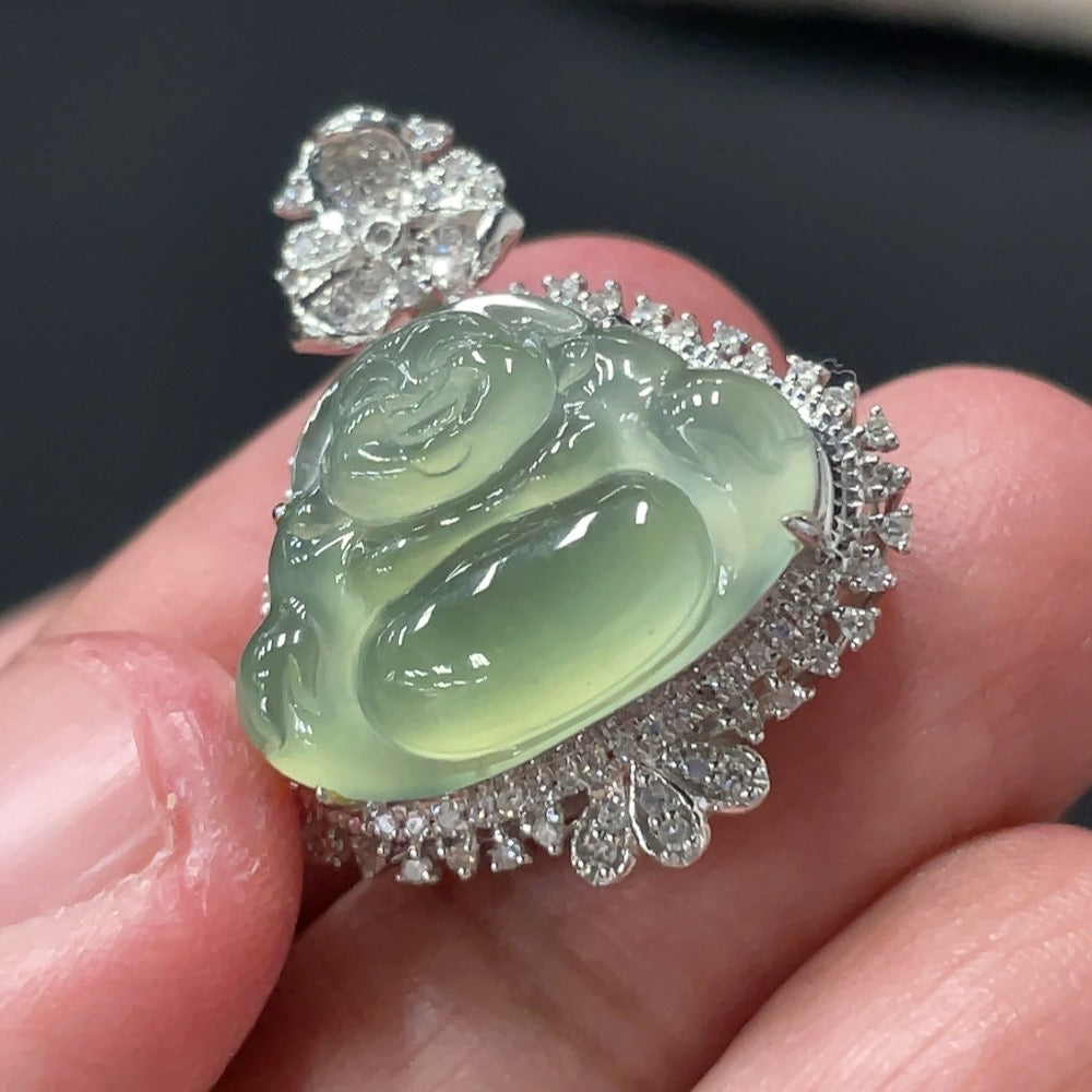Jadeite Buddha Pendant Set in 18k Gold with Diamond Accents, Total Weight Approx. 4.08g