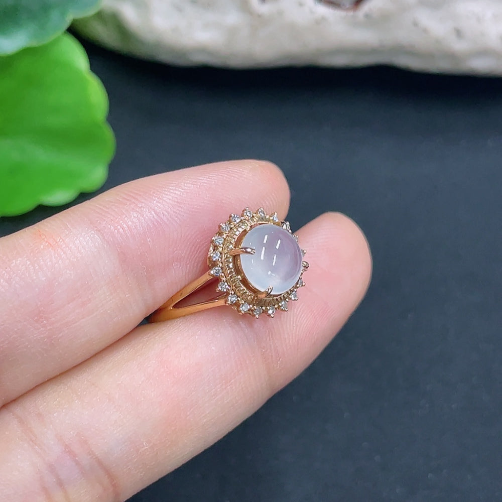 Jadeite cabochon ring with 18k gold and diamond accents, size 14, crafted by HKHQ, featuring a polished jade gemstone.
