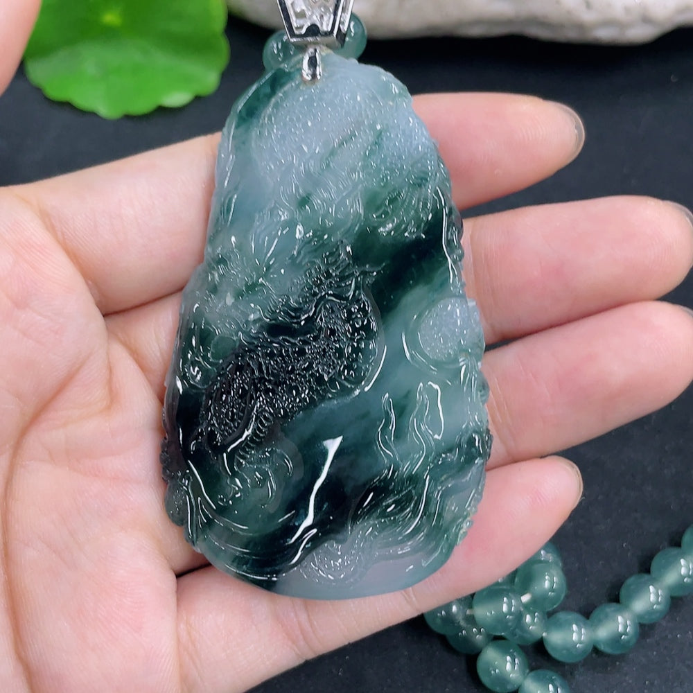 Jadeite Dragon Guardian Pendant with 18K Gold and Diamond Accents, Total Weight Approx. 95.54g (Including Chain)
