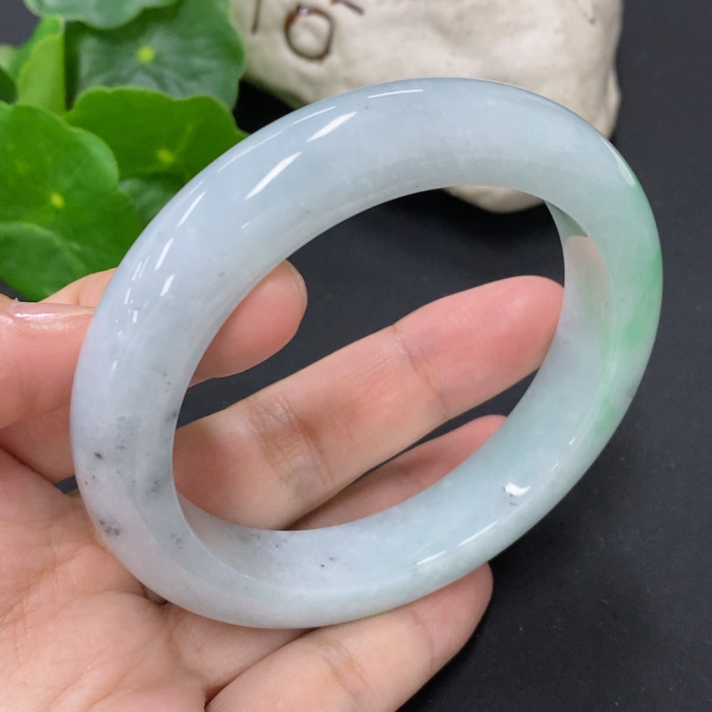 HKHQ jadeite round bangle, size 58.4 with approximately 73.8g weight, showcasing smooth, polished jade surface.