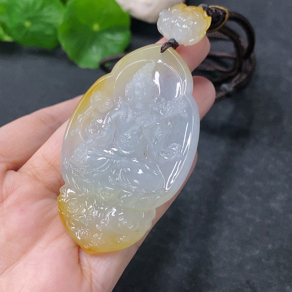 Jadeite Pendant - Universal Salvation, Approx. 32.46g Including Rope, With Collection Certificate, Yellow Part Color Origin Undetermined