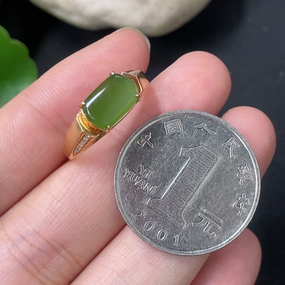 Hetian Jade Jasper ring in 18K gold with diamond accents, size 15, featuring a polished jade gemstone and elegant gold band.