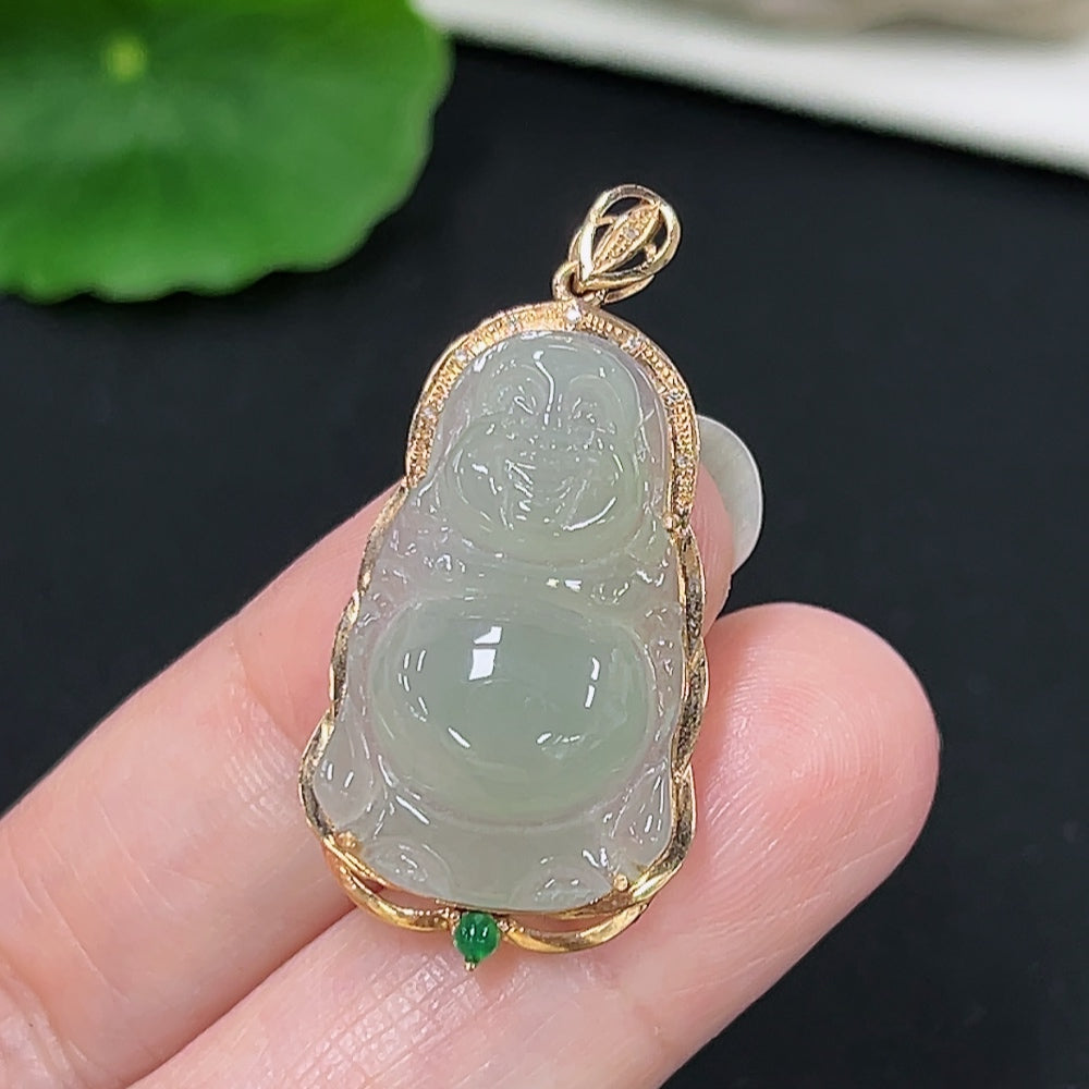 Jadeite standing Buddha pendant with 18K gold inlay and diamond accents, weighing approximately 3.7g, displayed on a plain background.