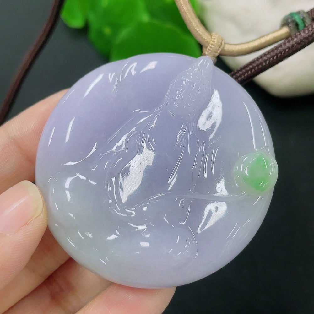 Jadeite pendant featuring Guanyin figure with a rope, weighing approximately 60.68g, crafted by HKHQ.
