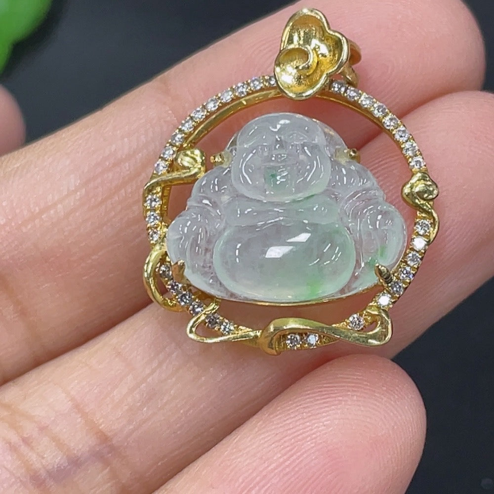 Jadeite Inlaid Buddha Pendant with 18k Gold and Diamond Accents, Total Weight Approximately 3.5g