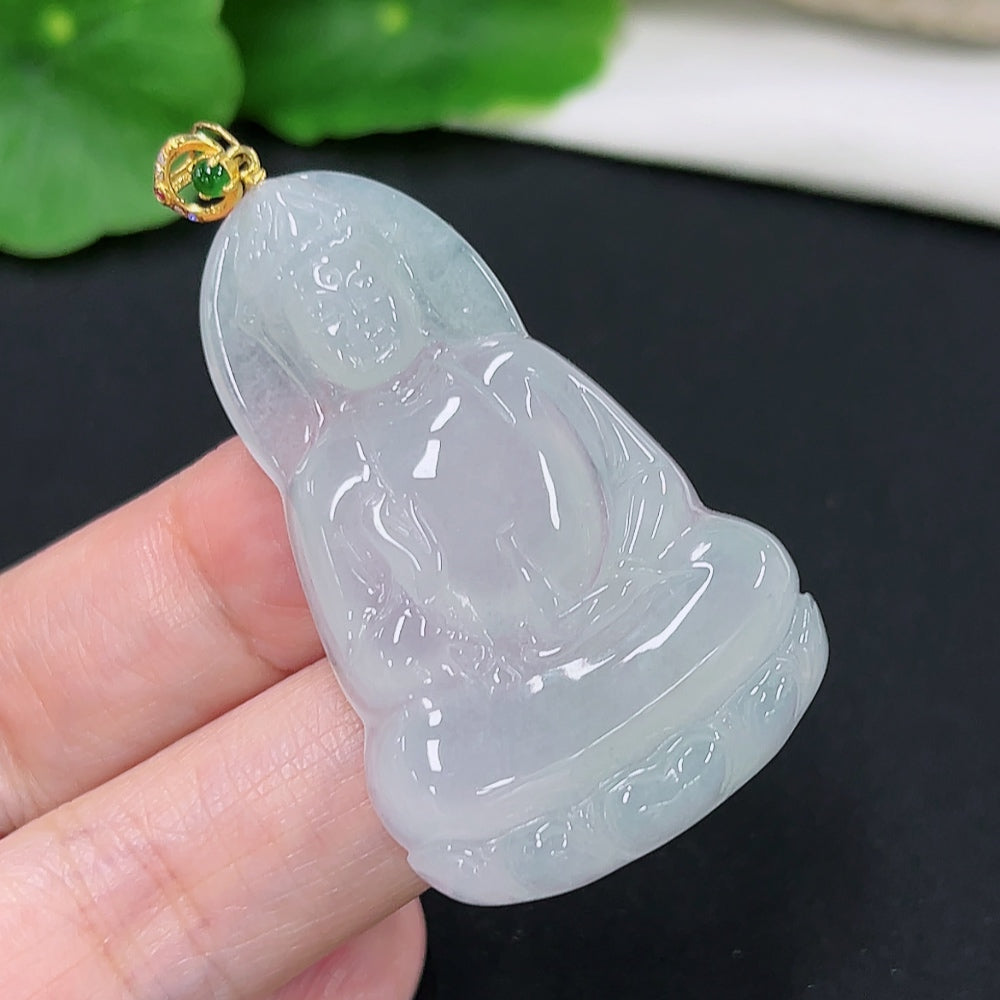 Jadeite Guanyin Pendant 18K Gold Total Weight Approx. 12.7g (Set with Colorless Diamonds)