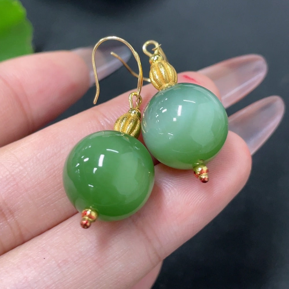 Hetian Jade Inlaid Earrings (Marked in Red + String Non-Gold, Rest 18k Gold, Card 14mm Approx., Total Weight Approx. 9.6g)