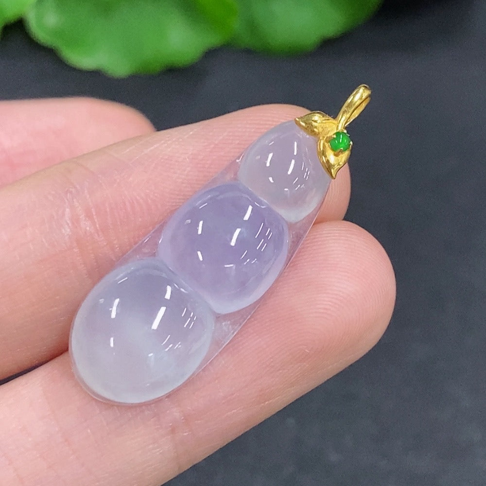 Jadeite lucky bean pendant with 18k gold clasp, smooth green jade jewelry, approximately 3 grams, by HKHQ.