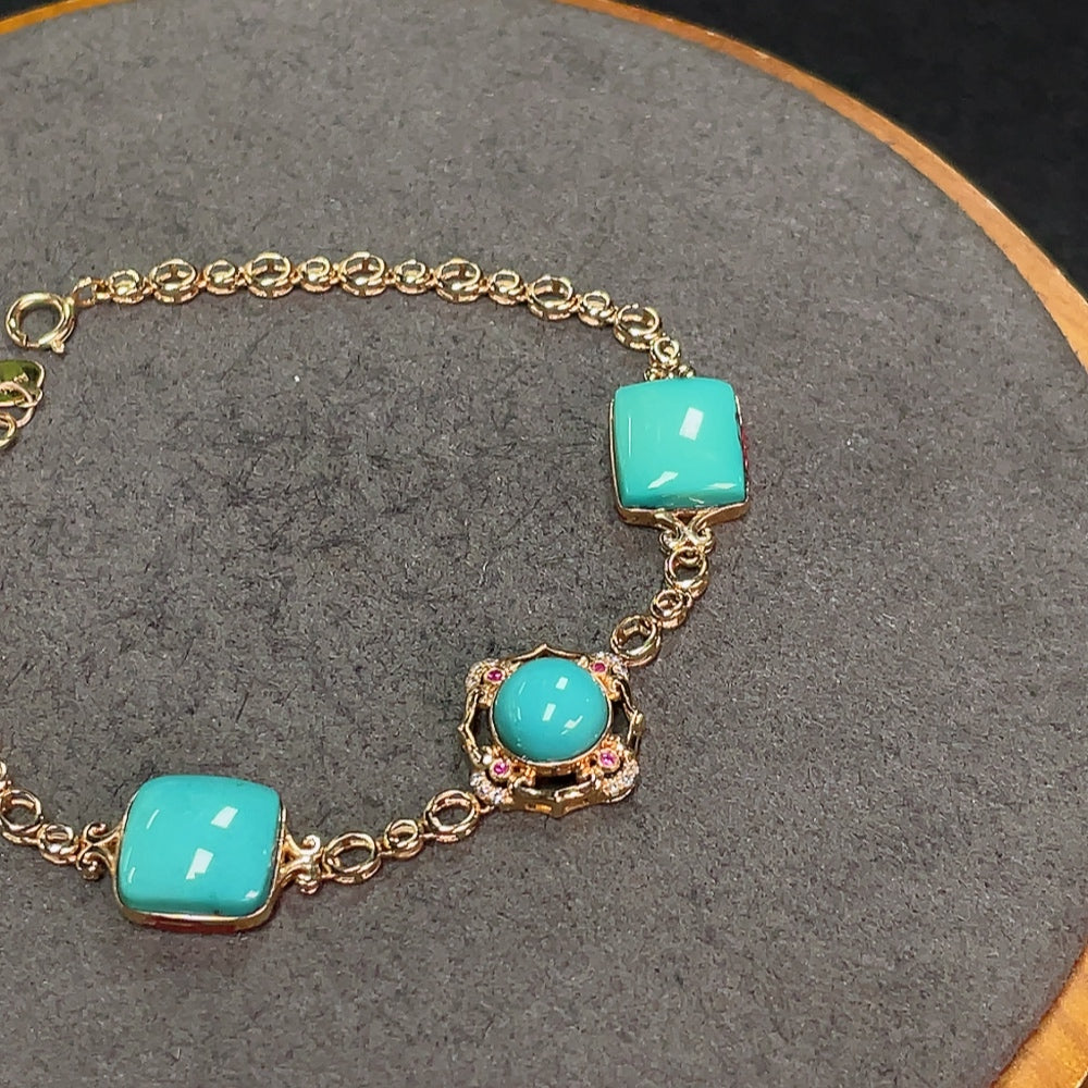 Turquoise Bracelet Marked Au 58% with Remaining 18K Gold Set with Colorless Diamonds Stone