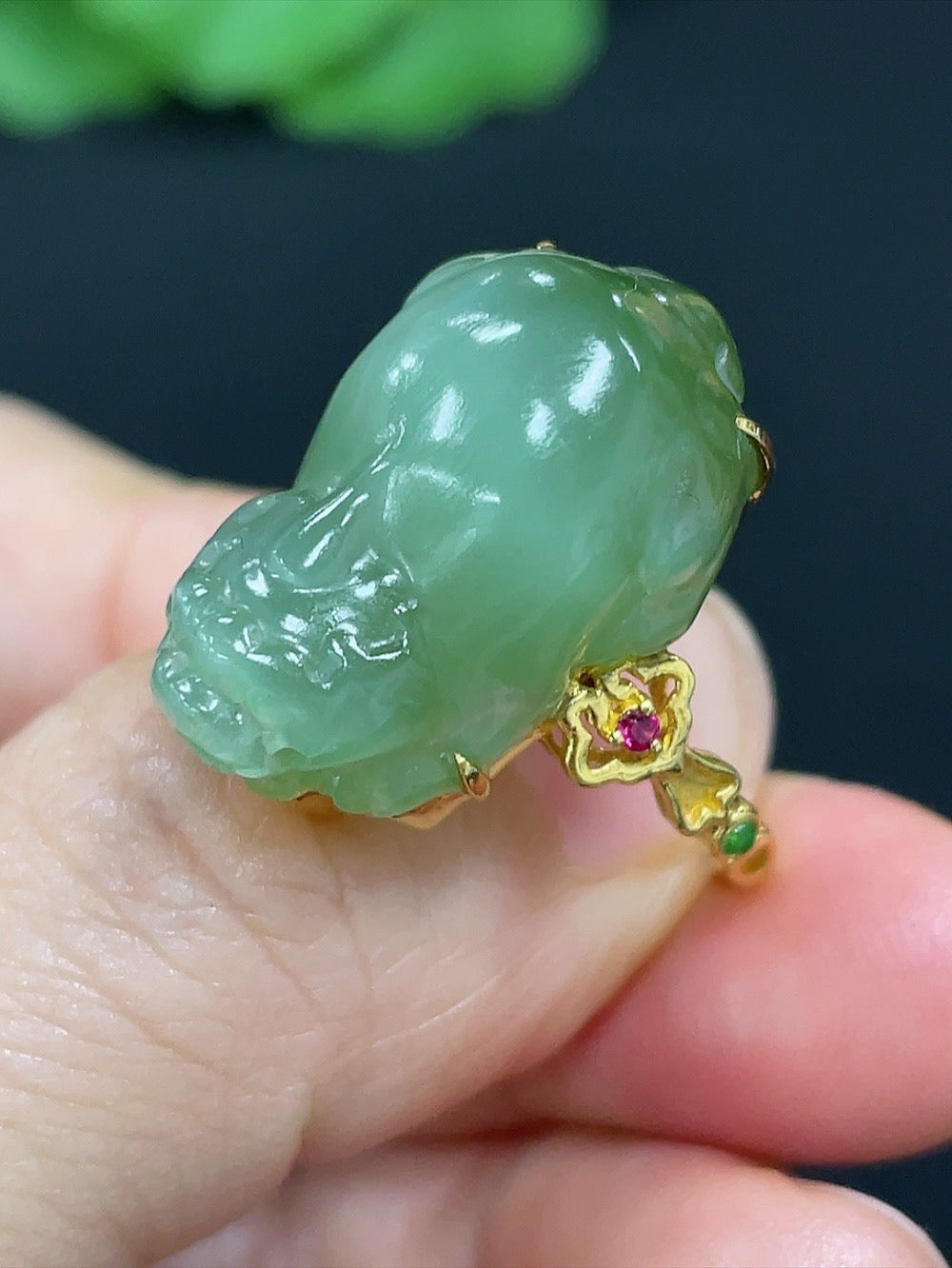Hetian jade inlaid ring with 18k gold, size 15, HKHQ brand, showcasing detailed craftsmanship and elegant design.