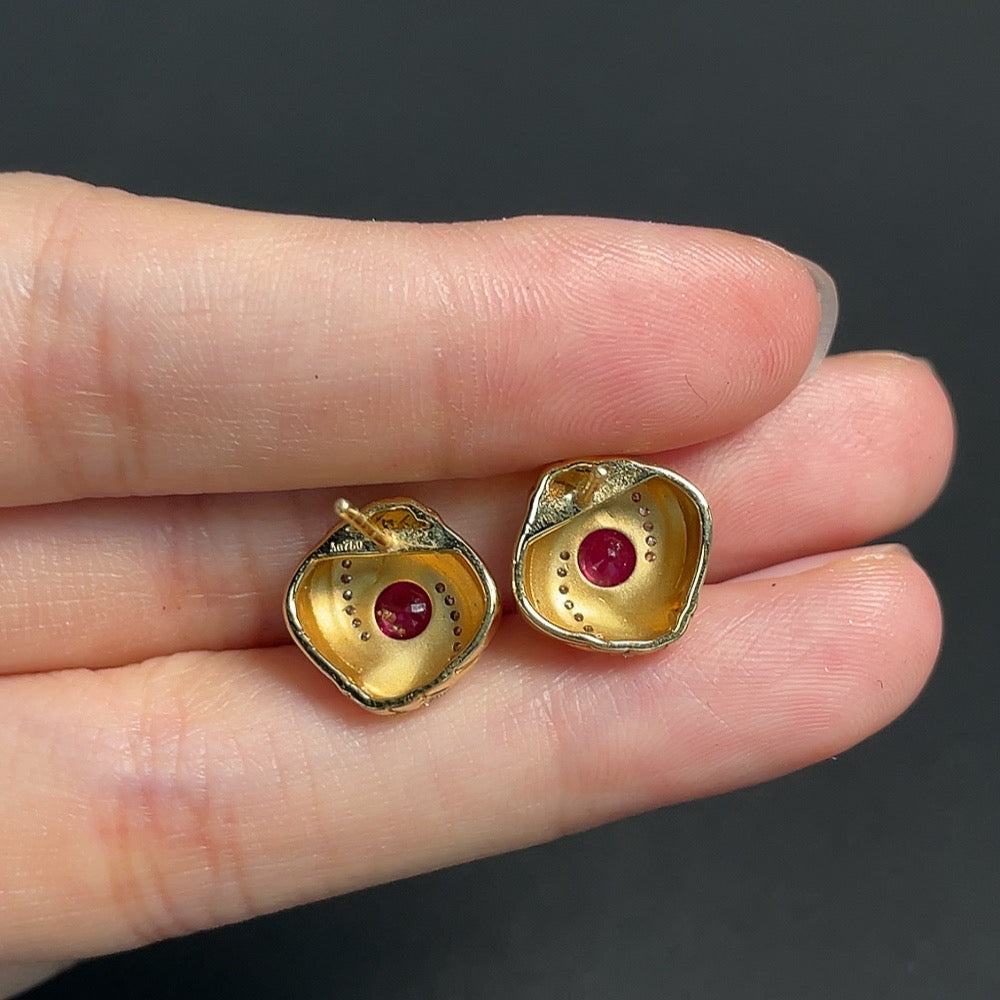 Ruby Stud Earrings, 18K Gold, Total Weight Approx. 4.30g, Filled, Accented with Diamonds