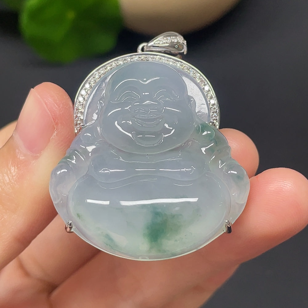 Jadeite Buddha Pendant Set in 18k Gold with Diamond Accents