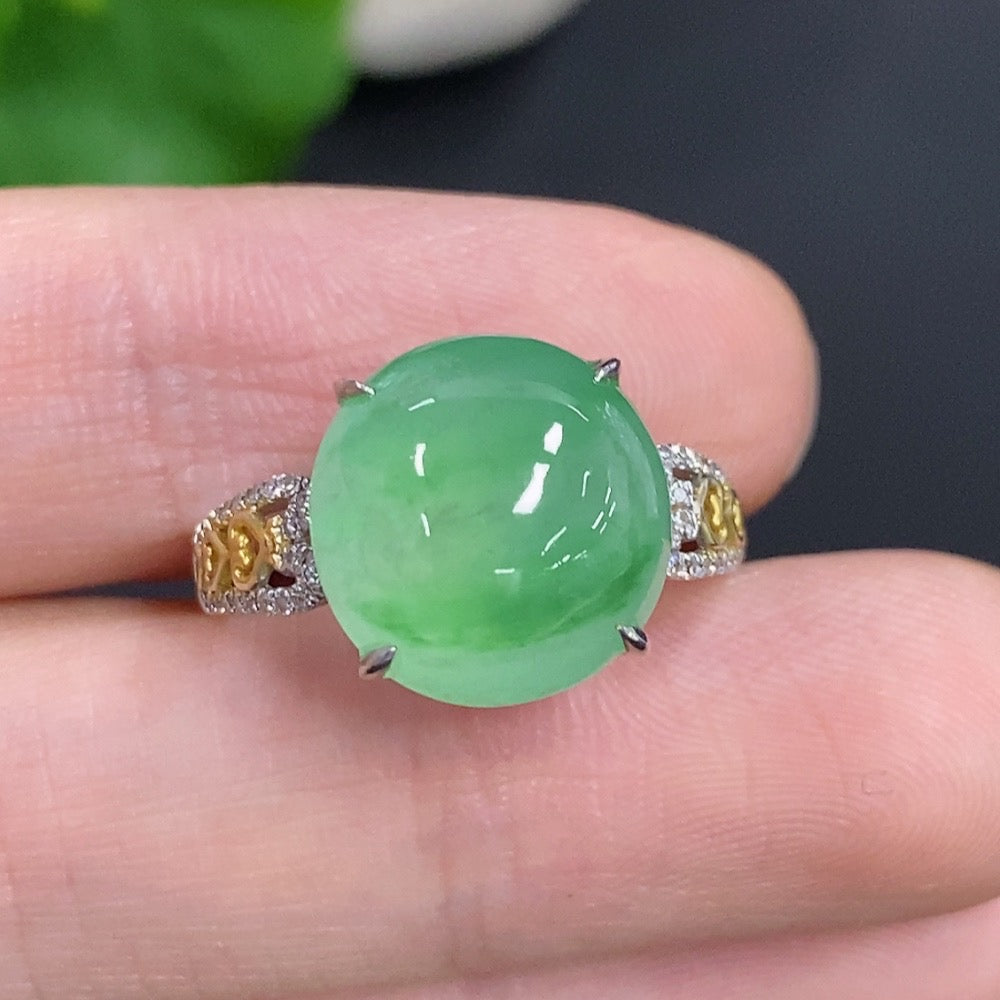 Jadeite Cabochon Ring 18k Gold Total Weight Approx. 4.1g Size 14 with Diamond Accents