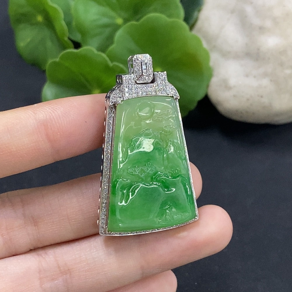 Jadeite Landscape Inlaid Pendant 18K Gold with Diamond Accents Total Weight Approx. 10.95g