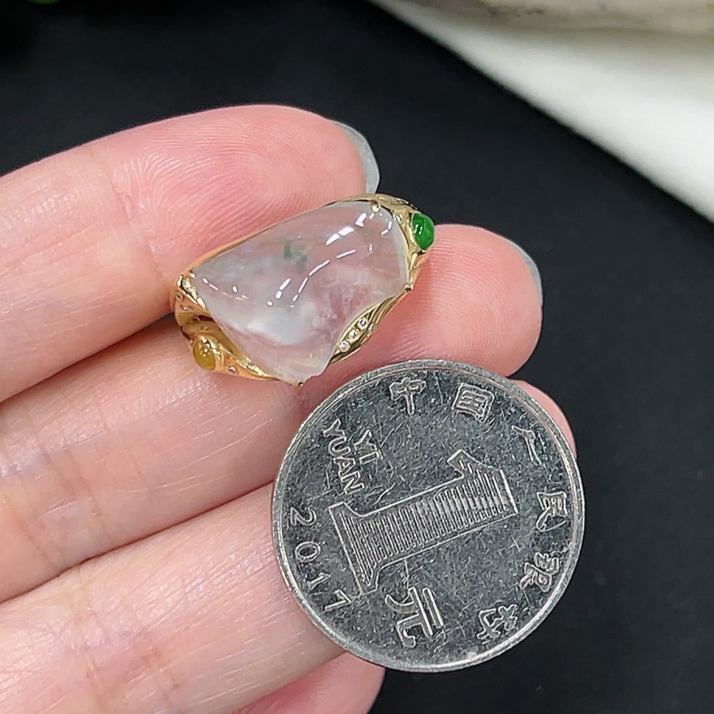 Jadeite inlaid ring with diamond accents in 18K gold, size 16, weighing approx. 4.1g, by HKHQ.