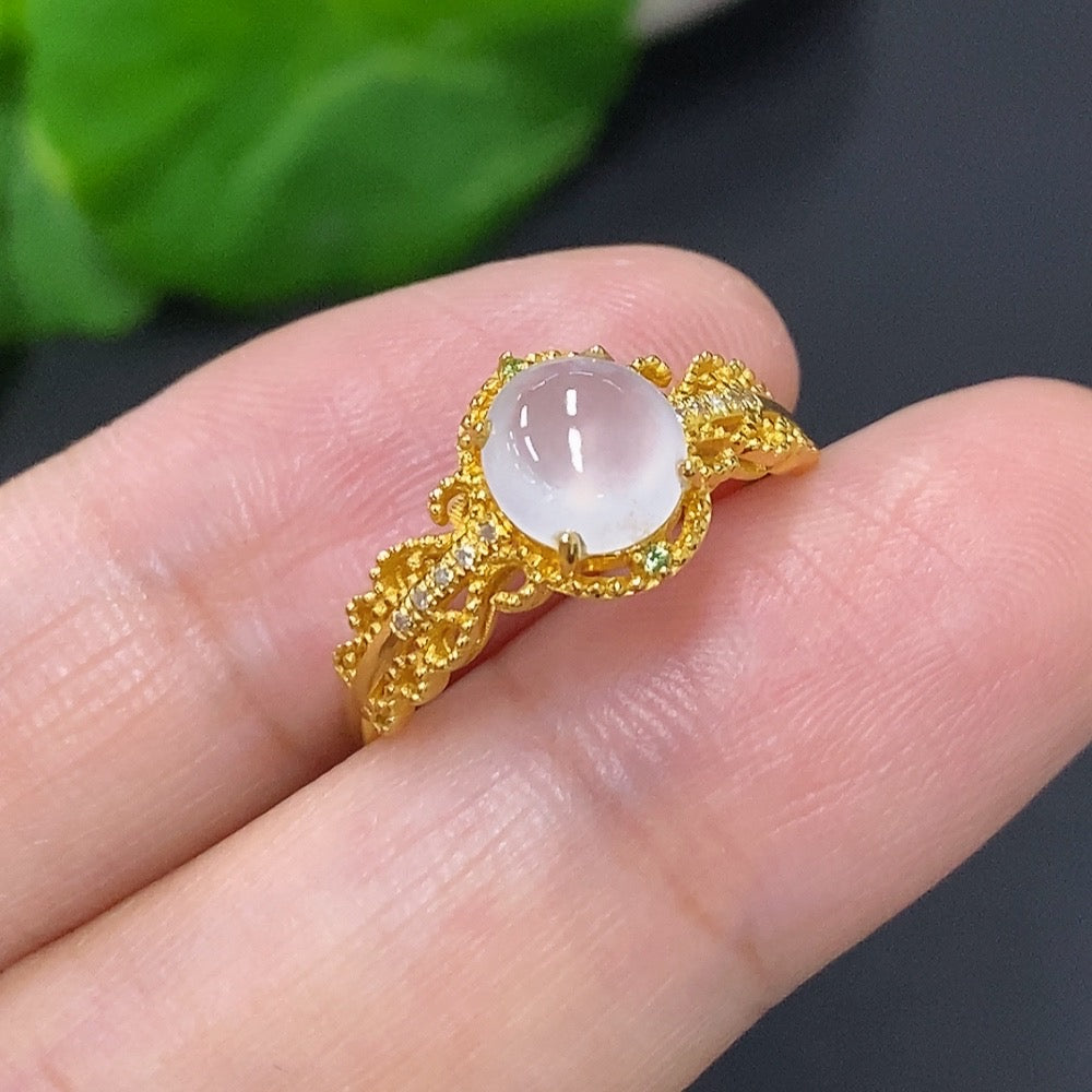 Jadeite Cabochon Ring with 18K Gold Size 13 Total Weight Approx. 1.7g (Accented with Diamonds)