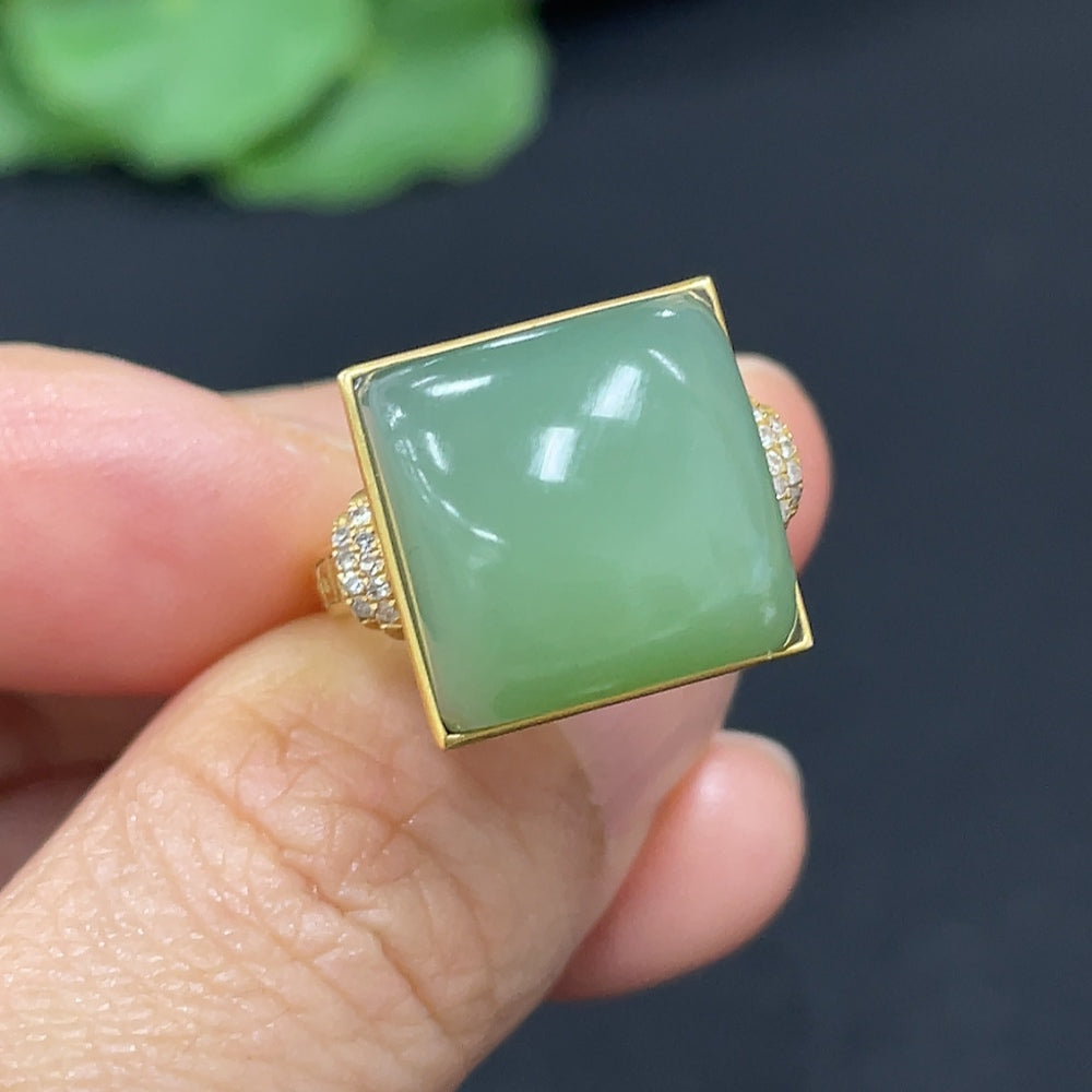 Hetian Jade Jasper Inlaid Ring, 18k Gold, Size 12, Total Weight Approx. 6.2g, Diamond Accents