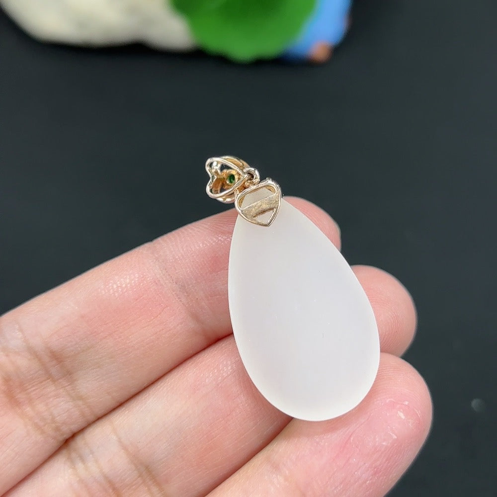 Hetian Jade Inlaid Pendant, Water Drop, 18K, Diamond Accents