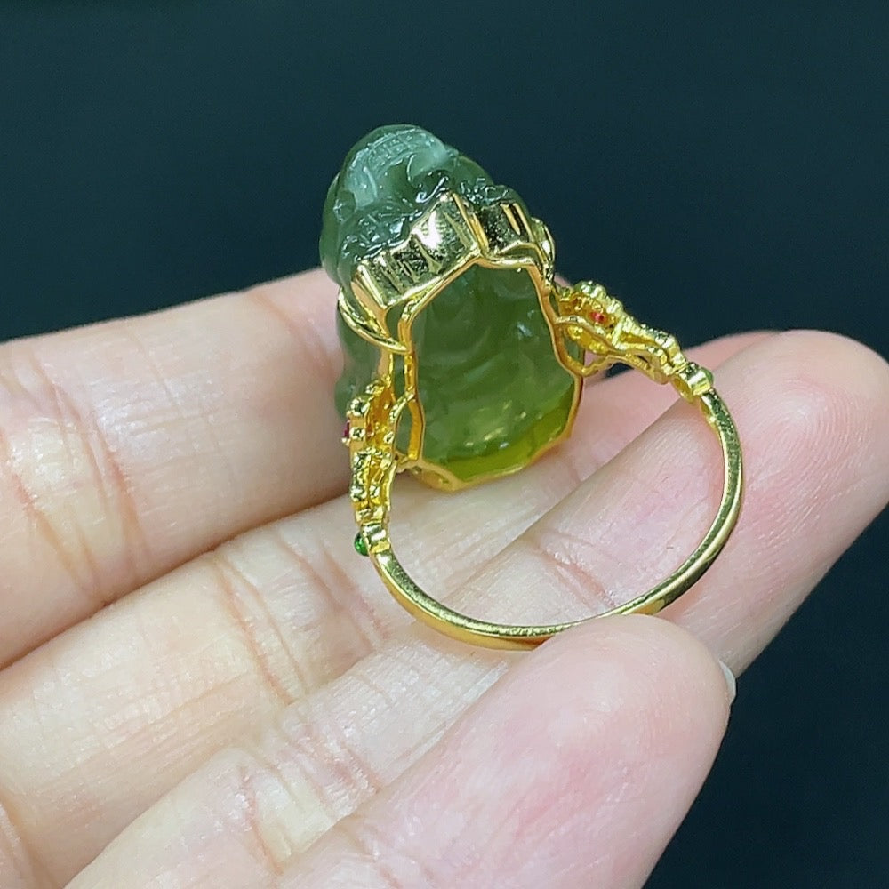 Hetian jade inlaid ring with 18k gold band, size 15, weighing approximately 6.2g, showcasing intricate craftsmanship.