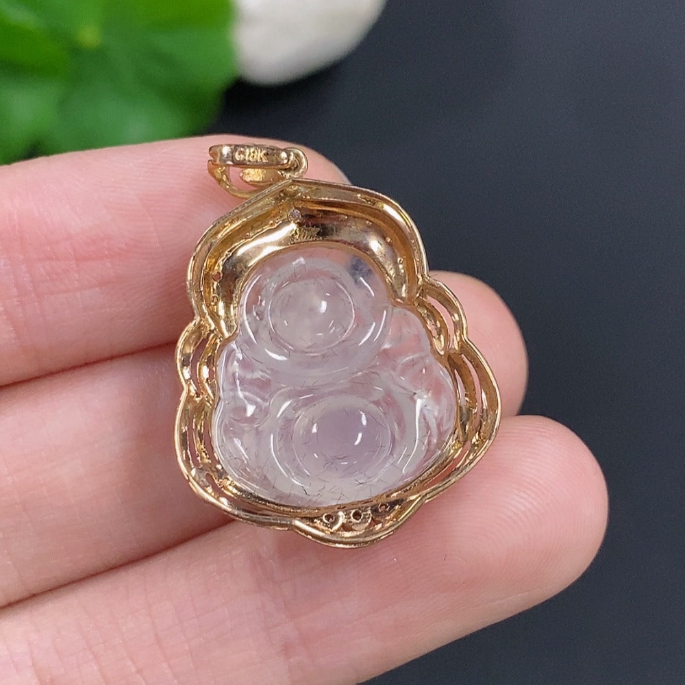 Jadeite Buddha Pendant with 18k Gold, Total Weight Approx. 4g, Diamond Accents