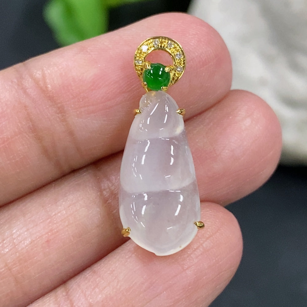 Jadeite Blessed Bean Pendant, 18K Gold Setting with Diamond Accents
