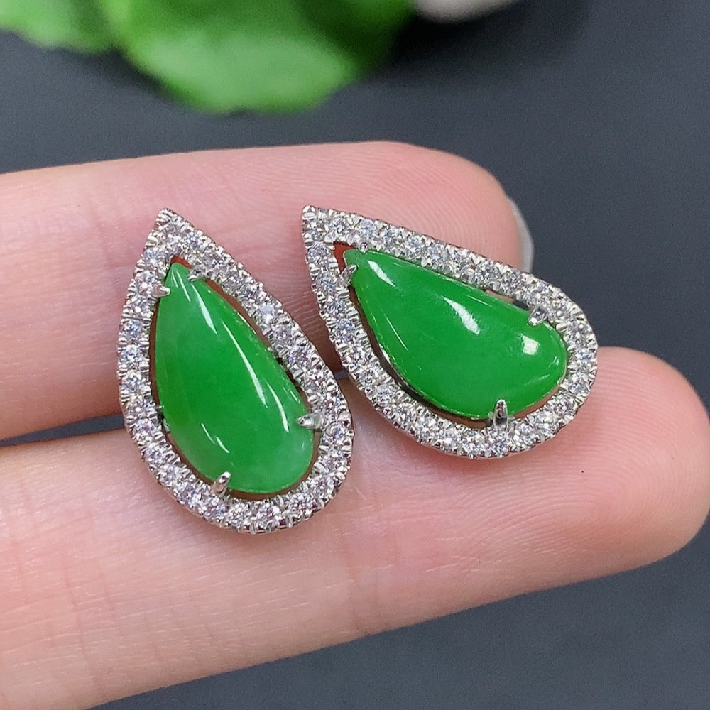 Jadeite Cabochon Stud Earrings 18k Gold Total Weight Approx. 5.2g (Including Backs)