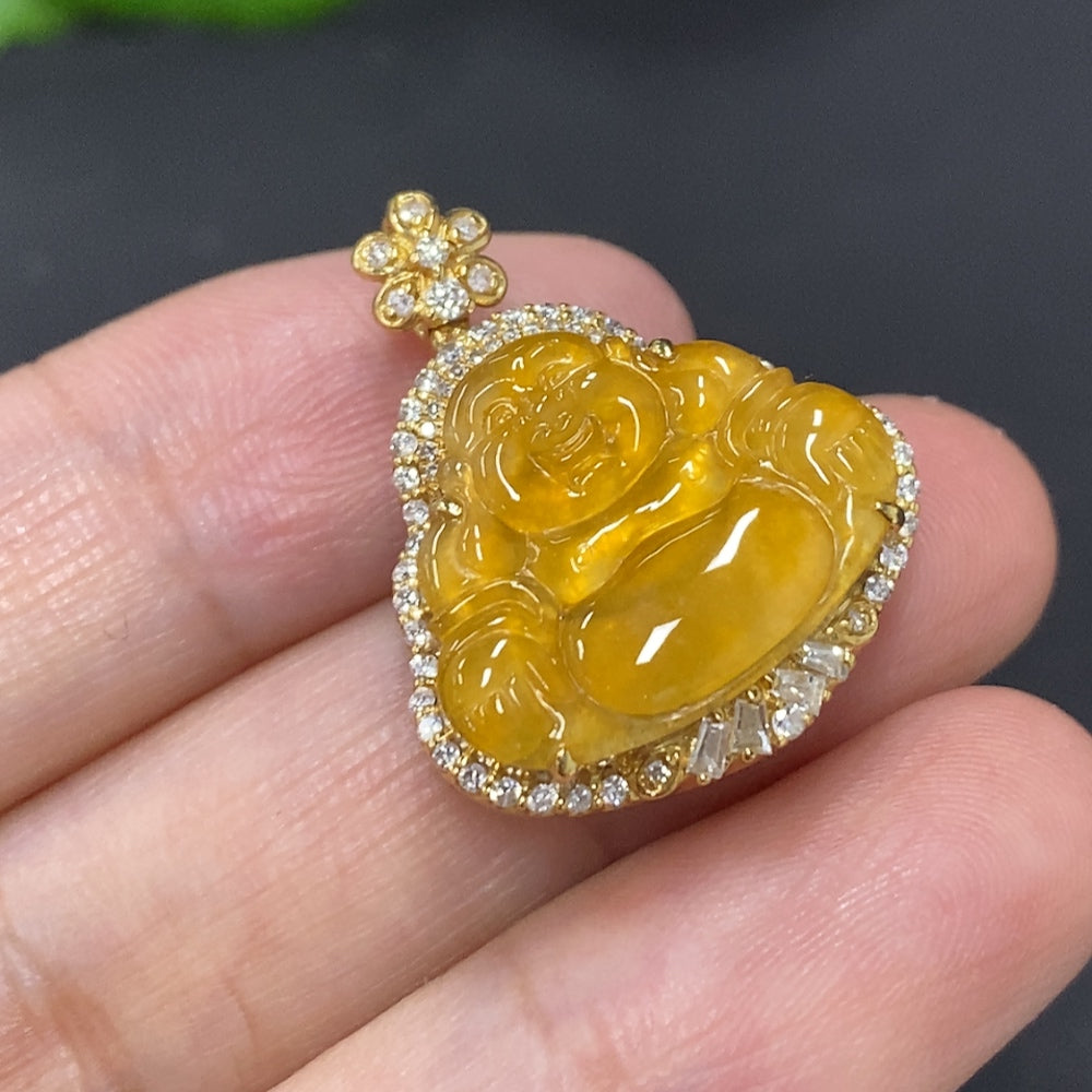 Jadeite Buddha inlay pendant 18K gold (with diamond inlays) (Color origin undetermined) (Base precious metal affects product color)
