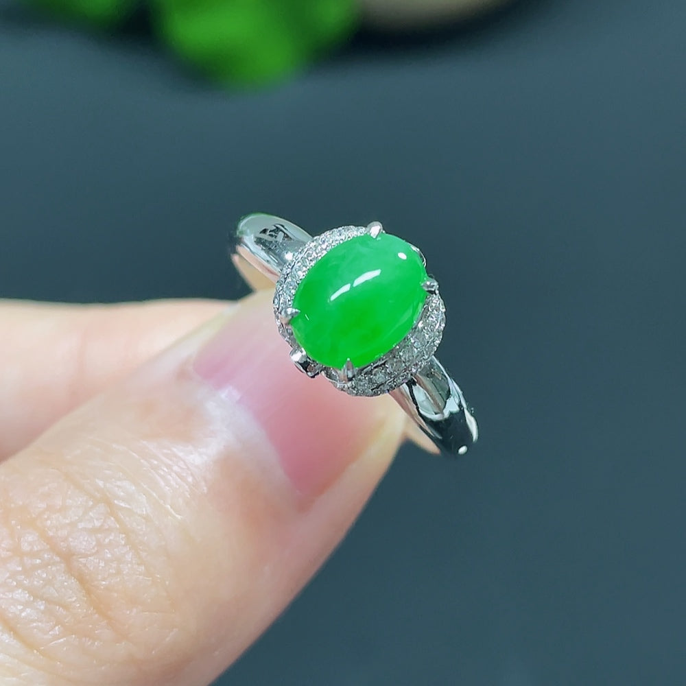 Jadeite Cabochon Solitaire Ring, 18K with Diamond Accents