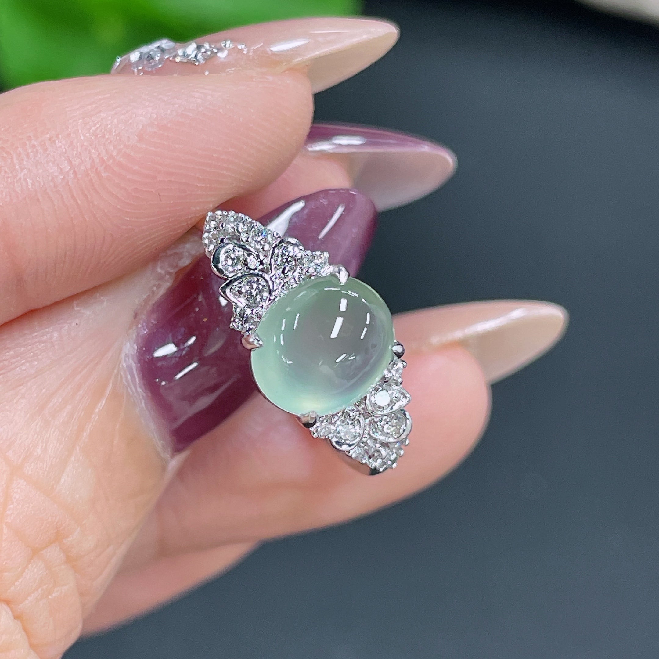 Jadeite Ring 18k Gold Setting with Diamond, Total Weight Approx. 2.86g, Size 14