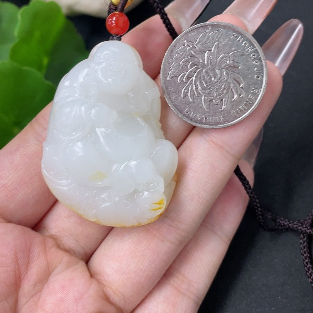 Hetian Jade Pendant - Buddha Statue, Undetermined Skin Color Origin, Contains Other Mineral Components, Beads Not Hetian Jade, Total Weight Approximately (Including Cord) 28.8g