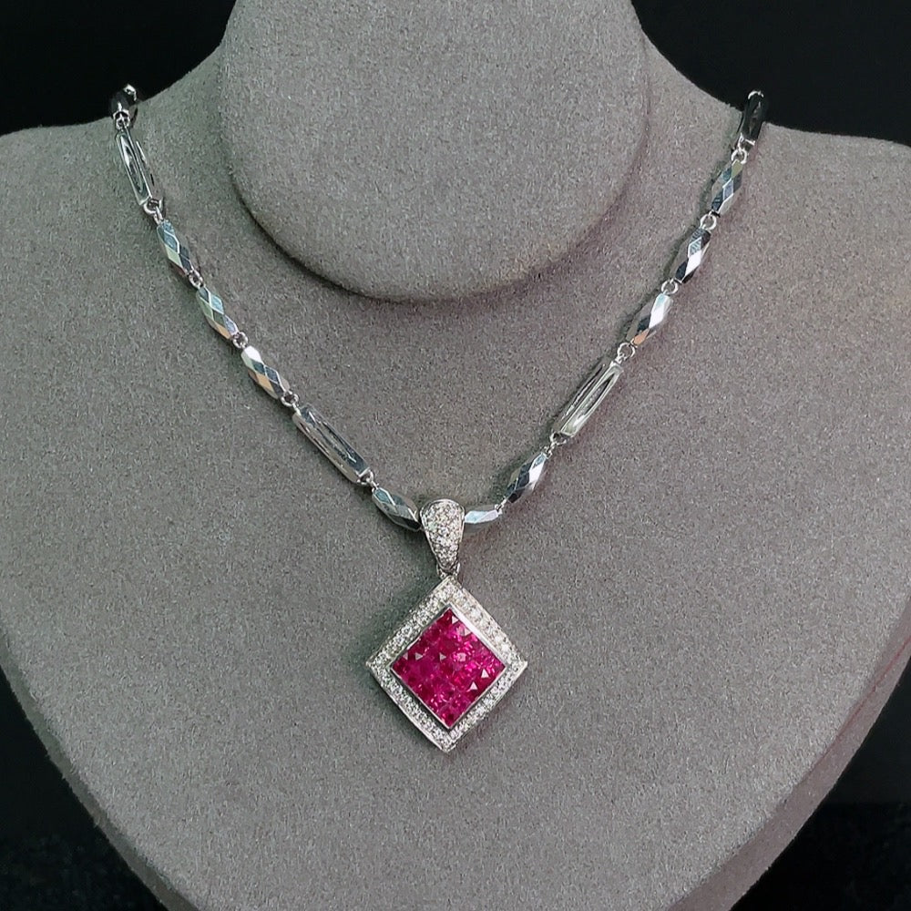 Ruby Inlaid Pendant 18k Gold Chain Pt93% Rope Undetectable Diamond Accents