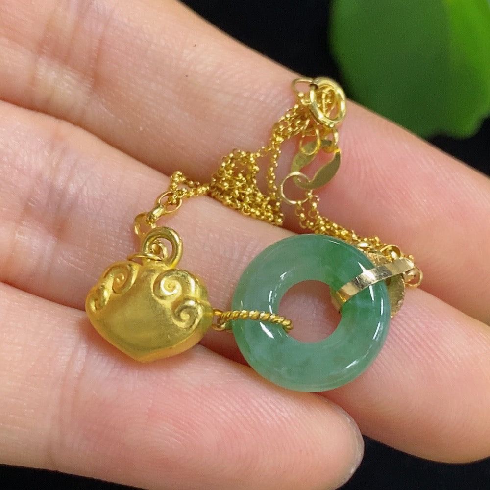 Jadeite Donut Pendant Marked Red AU99% with 18K Gold Total Weight Approx. 2.53g (Including Chain)