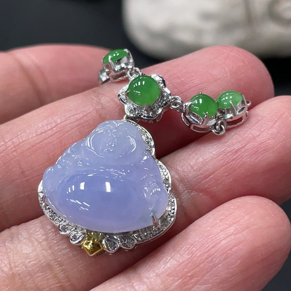 Jadeite Inlaid Buddha Pendant with 18k Gold and Colorless Diamonds, Total Weight Approximately 5.87g Including Chain