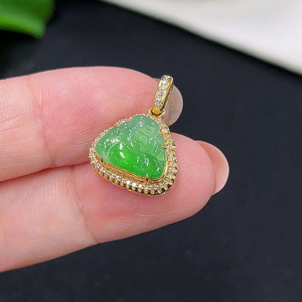 Jadeite God of Wealth Pendant 18K Gold Total Weight Approx. 2.3g (with Diamond Accents)