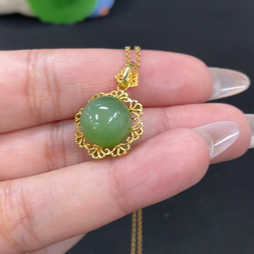 Hetian Jade Inlaid Pendant Single Bead Approx. 11.8mm Total Weight [Including Chain] 5.7g 18k