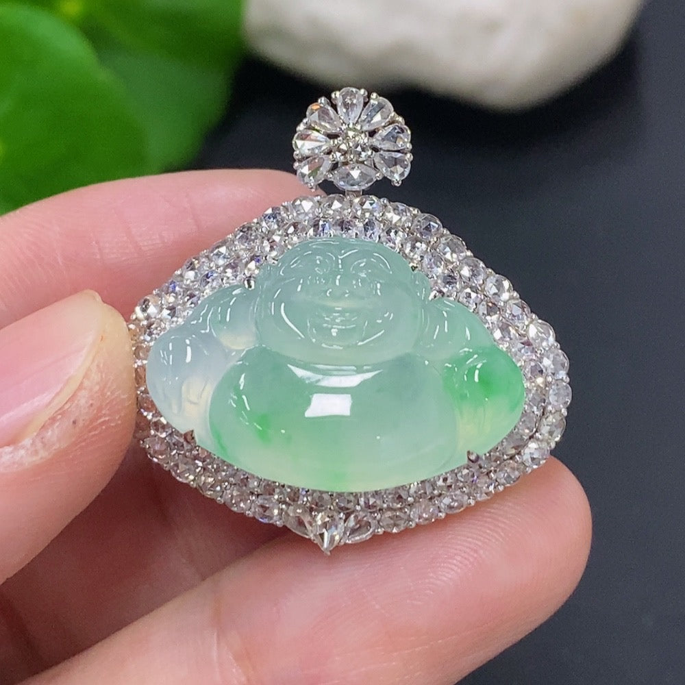 Jadeite Buddha pendant with 18K gold setting, accented with diamonds, weighs approximately 8.3g, featuring intricate Buddhist design.