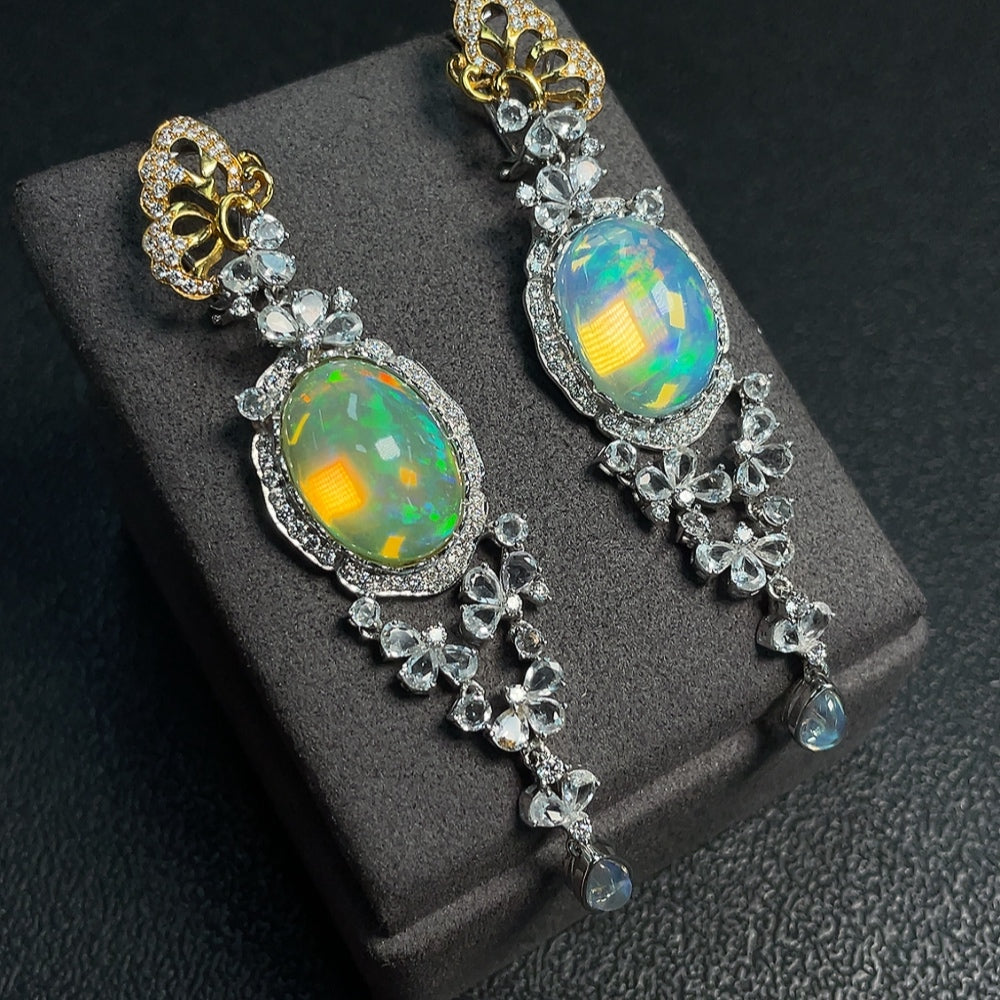 18K Opal Earrings, Color Origin Undetermined, Accent Stones Possibly Non-Natural, Diamond Accents Only Minimal Side Stones, Total Weight Approx. 27.88g