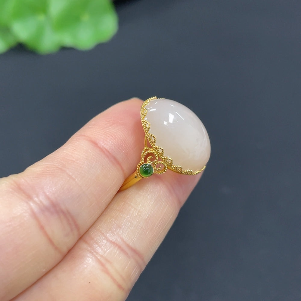 Hetian Jade Cabochon Inlaid Ring, 18k Gold, Size 15, Total Weight Approx. 3.3g