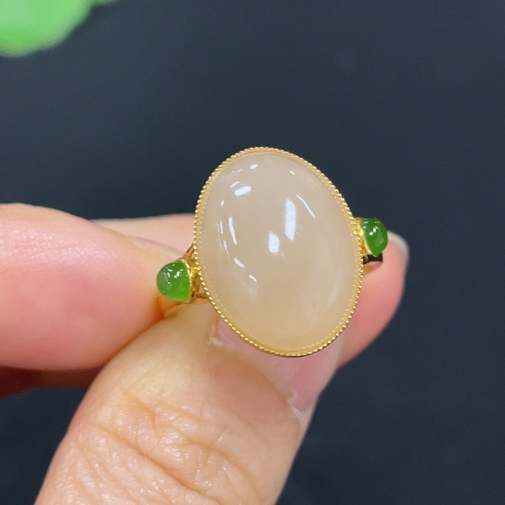 Hetian jade inlaid ring with 18k gold setting, size 14, featuring intricate jade craftsmanship and a total weight of 2.8g.