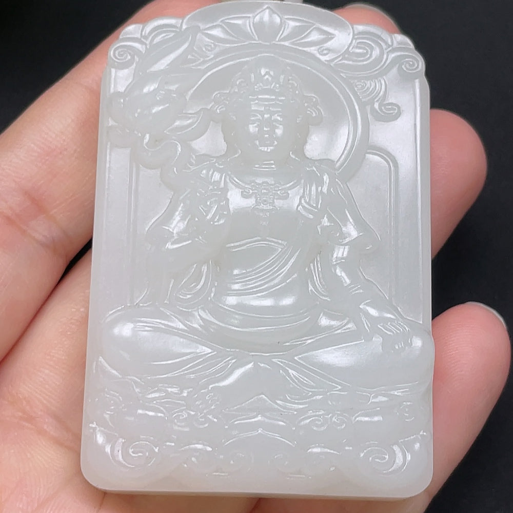 HKHQ Hetian Jade Guanyin pendant necklace with rope, weighing approximately 71.37g, showcasing intricate jade carving and craftsmanship.