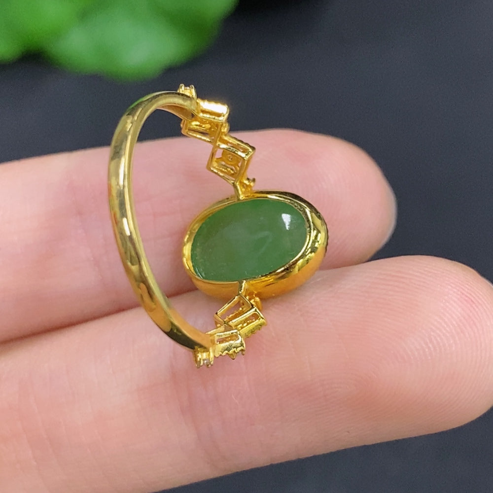 Jadeite Cabochon Solitaire Ring 18K Gold (With Diamond Accents)