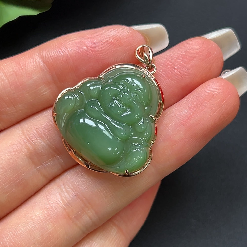Hetian Jade Buddha Pendant with 18K Gold and Diamond Inlays